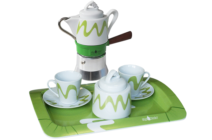 Coffee Maker Goccia green with sugar bowl, cups and tray in matching colours