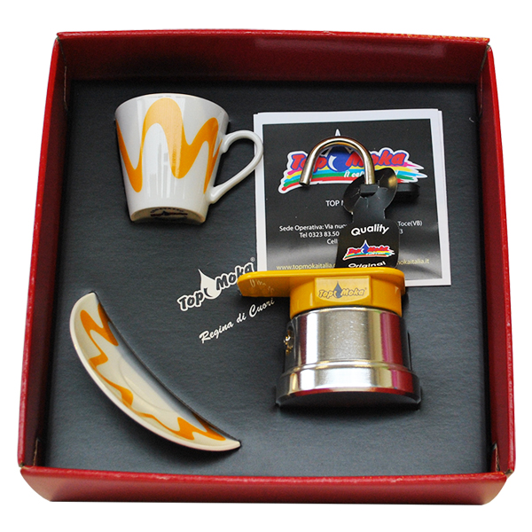 Cafetera Moka Mini 1 taza amarilla en Caja regalo Reina de Corazones