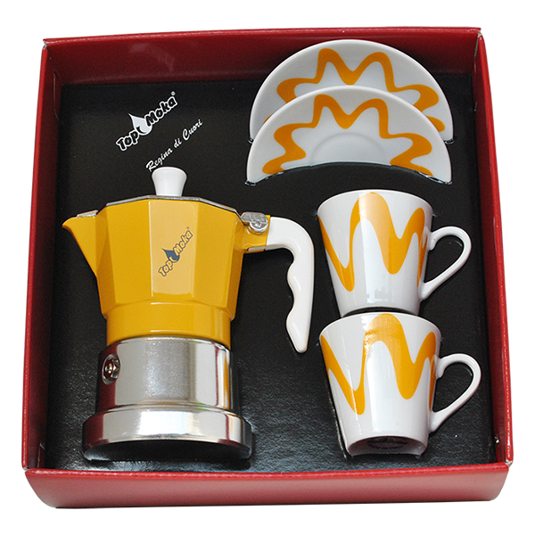 Cafetera Top 2 tazas amarilla en caja regalo